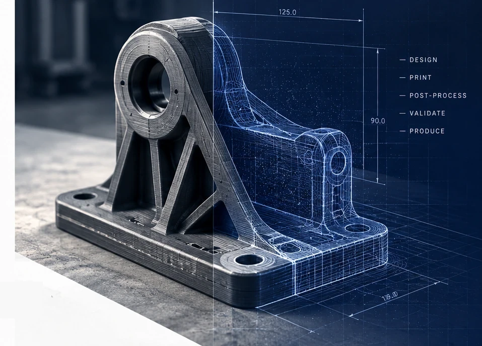 Layered industrial mounting bracket transitioning into a blue engineering wireframe